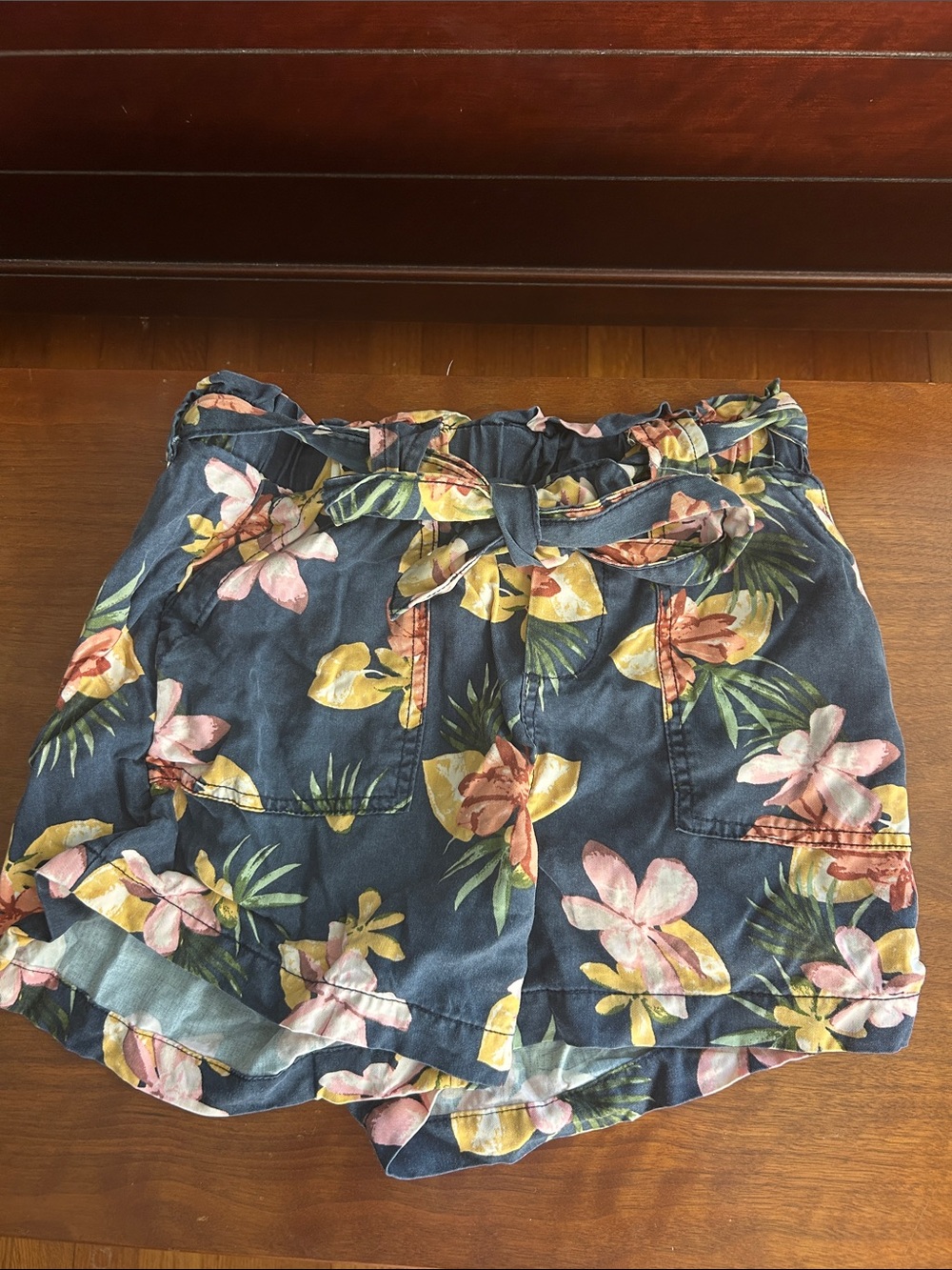 Time and Tru Navy Floral Paperbag Waist Shorts with Tie